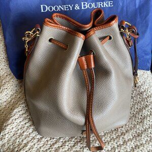 Dooney & Bourke Pebble Grain Drawstring Bucket Bag Taupe w/ Tan Trim